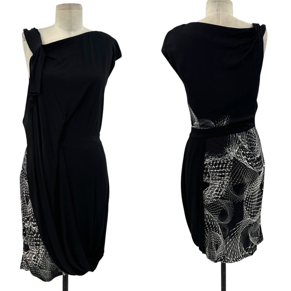 Karen Millen Surplice Drape Front Abstract‎ Print Side Dress Black Size US 6